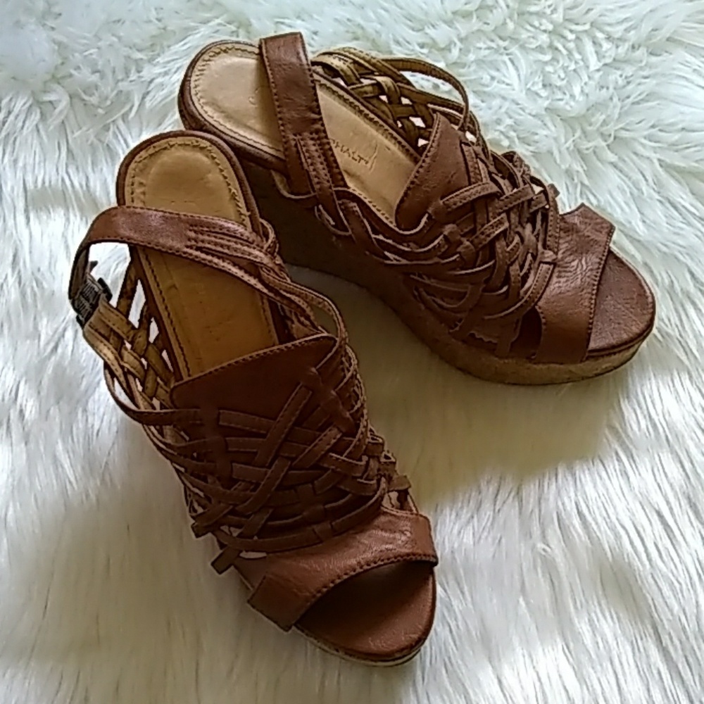 ❤️ Blue Asphalt Congac Leather Cork Wedges